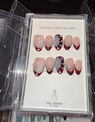 Nude pink mehroon french with stone & 3D flower